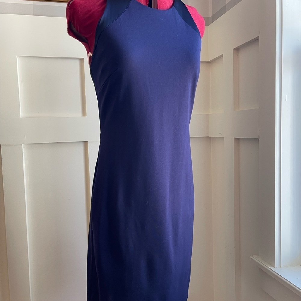 Halston Designer Navy Blue Midi Dress Size 8 Minimalist Chic‎ - Picture 3 of 11